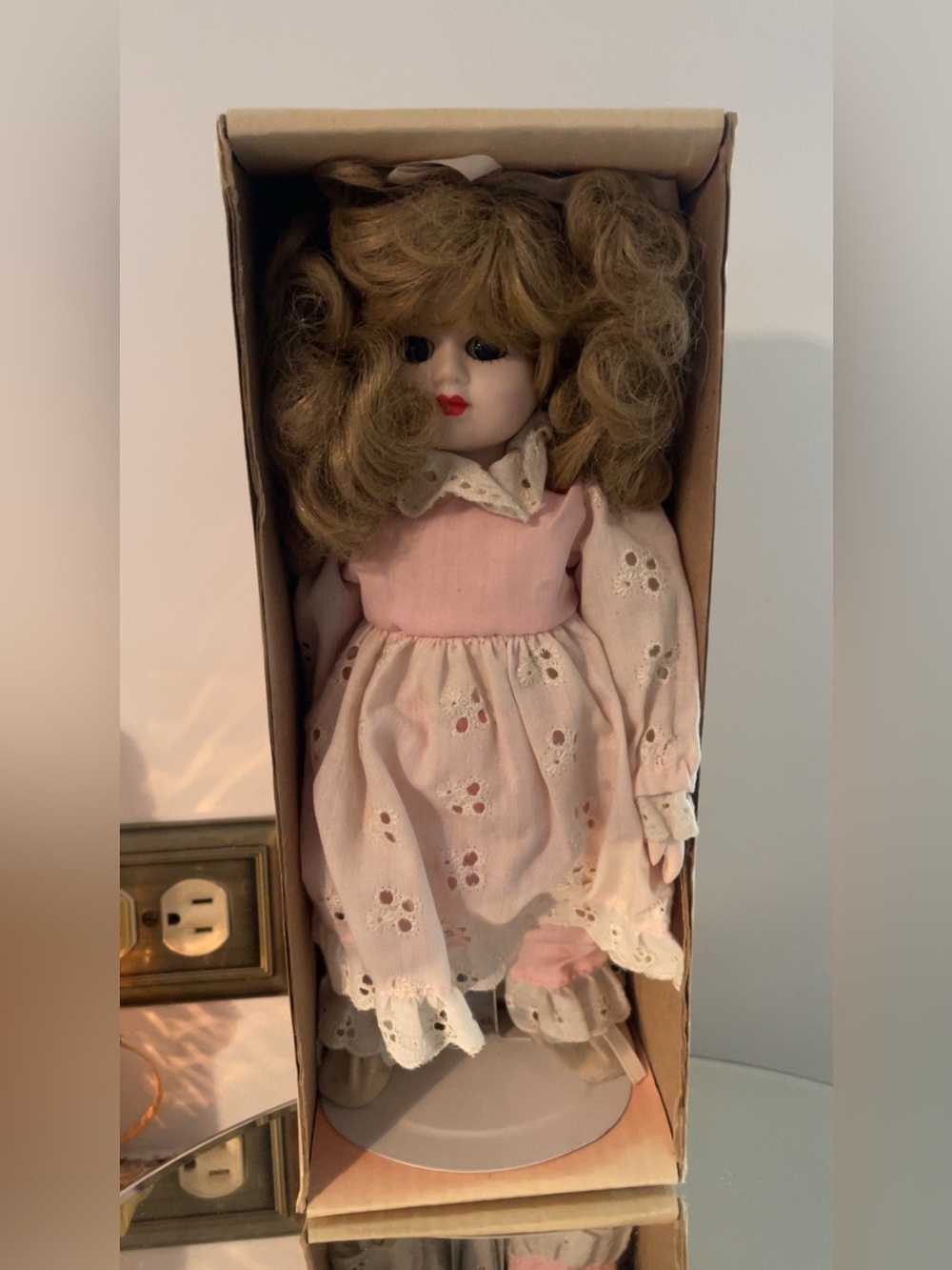 Vintage-Style Pink Eyelet Dress Porcelain Doll - Unbranded